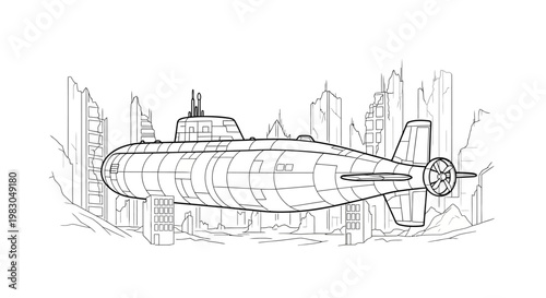 Futuristic Submarine Docked in a Stylized Cityscape, Line Art Illustration