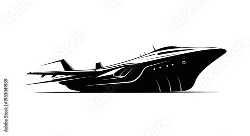 Futuristic Yacht Silhouette - Sleek Black Luxury Speedboat on White Background