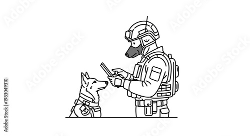 Soldier with dog, tactical gear, K9 unit, communication device, military, security, teamwork