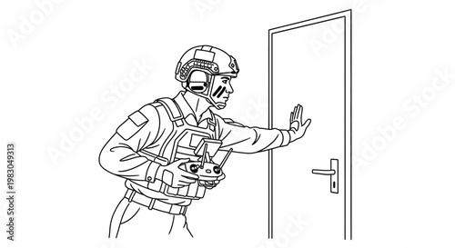 Soldier with drone controller at door, tactical operations, surveillance, modern warfare