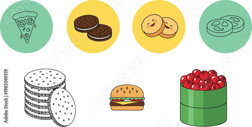 Fast food and snack icons set with pizza slice, cookies, burger, crackers and cherries vector illustration isolated colorful food collection