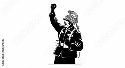 Soldier with raised fist, historical illustration, retro style, victory, protest, revolution