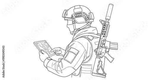 Soldier with rifle and tablet, tactical gear, modern warfare, digital battlefield