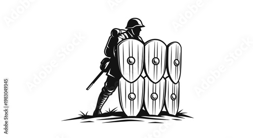 Soldier with shields, historical battle, ancient warfare, defense, military strategy