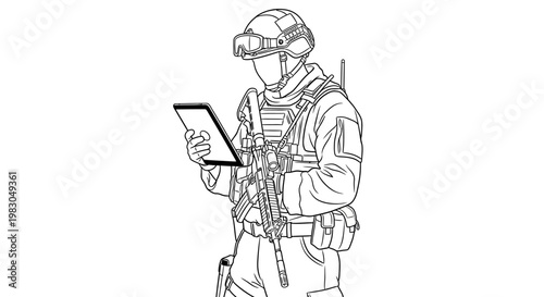 Soldier with Tablet and Rifle, Military Technology, Digital Warfare Concept
