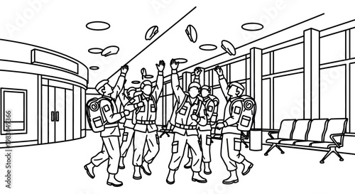 Soldiers Celebrate Homecoming at Airport Terminal, Throwing Hats in the Air