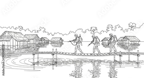 Soldiers crossing flooded village on wooden bridge, military operation in Southeast Asia, war illustration