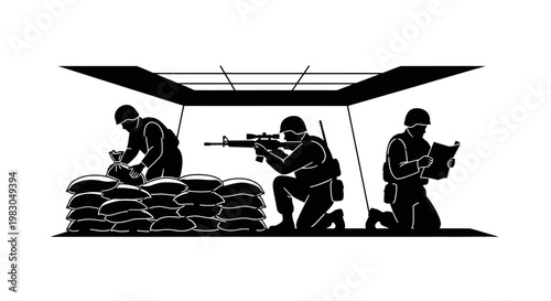 Soldiers in bunker with sandbags, aiming rifle, preparing for battle, military defense