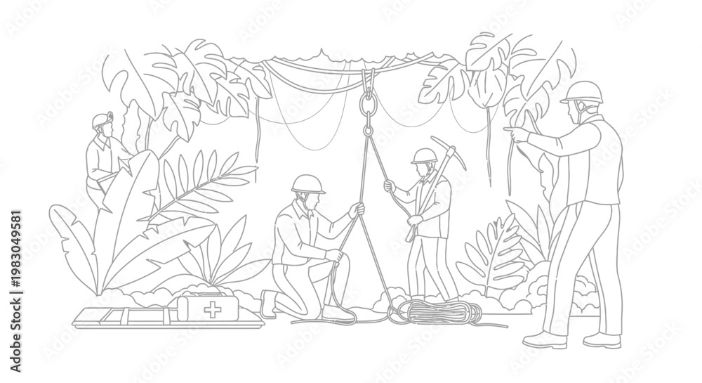 Obraz premium Team of explorers in jungle setting up camp with winch and supplies