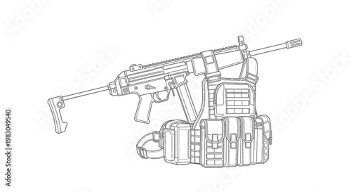 Tactical Vest and Assault Rifle Line Art Illustration - Military Gear Concept