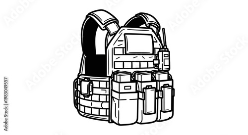 Tactical Vest with Pouches and Radio - Line Art Illustration
