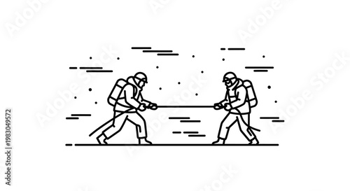 Two climbers in a tug of war with a rope on a snowy landscape