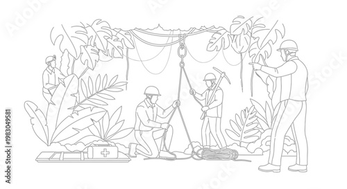 Team of explorers in jungle setting up camp with winch and supplies