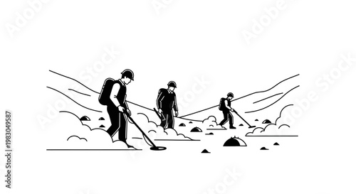 Treasure Hunters with Metal Detectors Searching Rocky Terrain