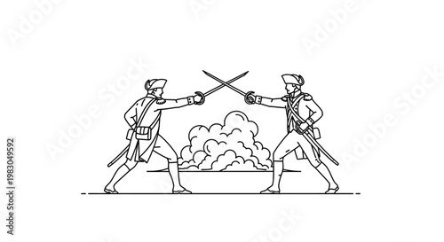 Two soldiers in historical uniforms duel with swords, a cloud of smoke behind them.