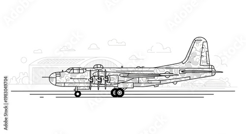 Vintage Bomber Aircraft on Tarmac with Hangar Background, Line Art Illustration