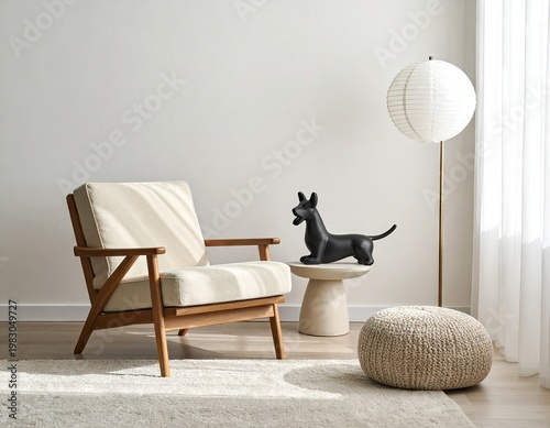 Cozy, modern living room setup with chair, decor, and neutral tones