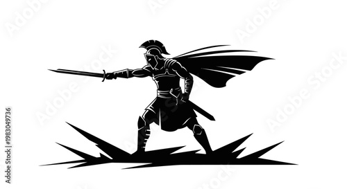 Warrior Silhouette with Sword and Cape, Dynamic Action Pose, Epic Battle Stance