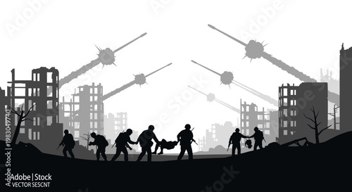 War Zone Rescue: Soldiers Carry Wounded Comrade Amidst Bombardment and Ruined Cityscape