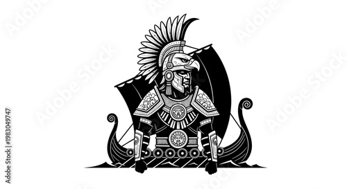 Viking Warrior with Eagle Helmet and Longship, Black and White Emblem