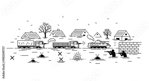 Warfare scene with soldiers, tanks, and trucks in a village setting, black and white line art.