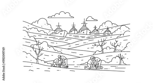 Wartime naval fleet anchored offshore, with soldiers tending to wounded in foreground.