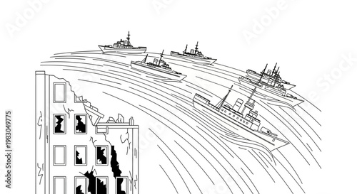 Warships advance past destroyed building, symbolizing conflict and destruction