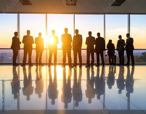 Silhouetted business team looks towards a stunning sunset in a glass-walled office