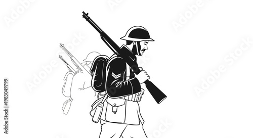 World War I Soldier Carrying Rifle and Backpack, Marching Forward