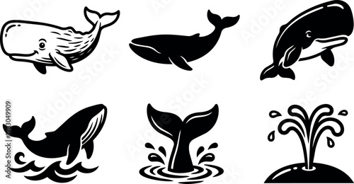 Black and white whale and whale tail vector line art collection with splash