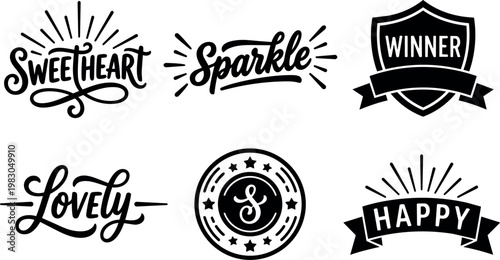 Handwritten words sweetheart sparkle lovely winner happy with decorative ribbons and stars