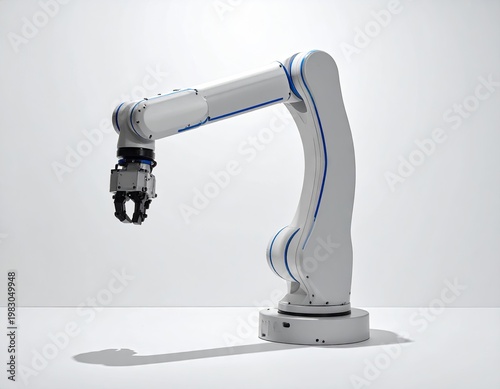 Industrial robotic arm in a white studio setting, angled pose