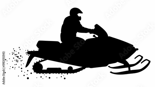 Dynamic silhouette of a snowmobile rider in action kicking up snow spray against a clean white background capturing the thrill of winter sport and outdoor adventure
