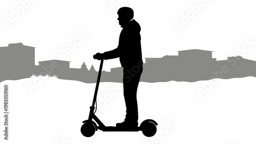 Silhouette of a person wearing a hooded jacket and helmet riding an electric scooter through a snowy urban landscape with buildings in the background conveying modern urban