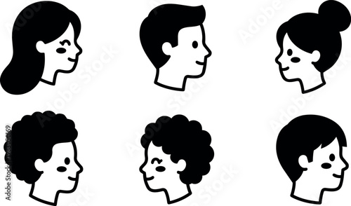 Black and white vector art diverse six smiling faces profile illustration