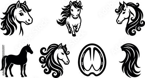 Stylized horse heads running silhouette and hoof print