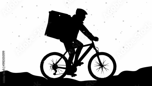 Silhouette of a determined delivery rider cycling through a snowy urban winter landscape carrying a large insulated bag embodying perseverance and essential service during cold