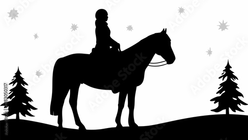Black silhouette of a person riding a horse through a snowy landscape with evergreen trees and falling snowflakes evoking winter outdoor adventure and peaceful solitude