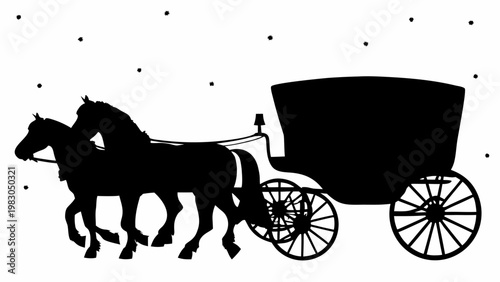 Elegant horse drawn carriage silhouette with two horses pulling through a gentle snowfall evoking a sense of classic winter travel and nostalgic charm against a stark white