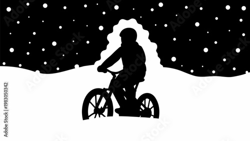 Dynamic black silhouette of a lone cyclist braving a snowy landscape at night with falling snowflakes creating a magical atmosphere and a bright abstract background suggesting