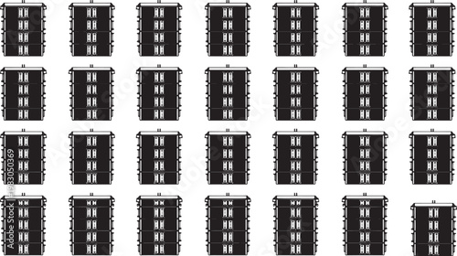 A repetitive pattern of stark, industrial-style buildings, repeating uniformly and offering an intriguing aesthetic effect.