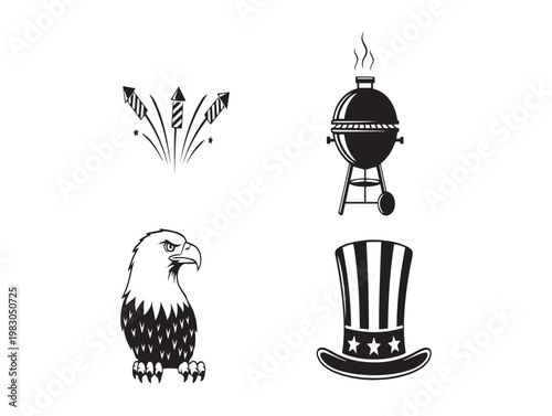 American symbols collection eagle grill uncle sam hat and fireworks in black and white