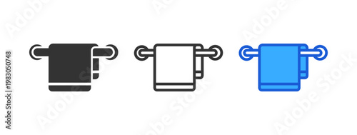 Towel on rail icon set. towel, hand towel, bathroom, bath, hanging, towel rack. line, flat and colored vector icon set.