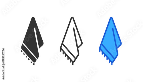 Hanging towel icon set. towel, fringed towel, tassel, bath, beach, hanging cloth. line, flat and colored vector icon set.