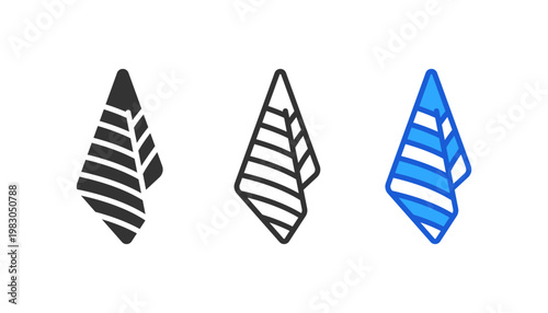 Hanging diagonal striped towel icon set. towel, cloth, bath towel, beach towel, fabric, drying, textile, stripe pattern. line, flat and colored vector icon set.