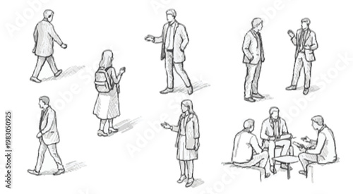 Sketch of business people in various poses and interactions