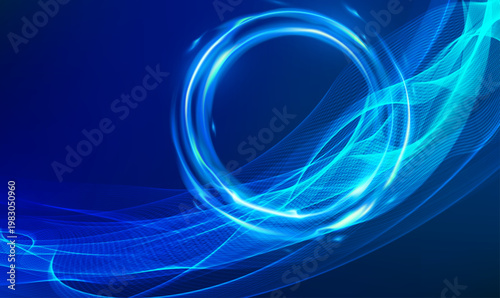 青い光のリングと流れるラインが交差する近未来テクノロジー背景、エネルギーとデジタル空間を表現した抽象ビジュアル