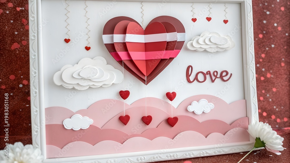 Obraz premium Heart-shaped balloon with clouds and love text, valentine, romantic, decoration, card