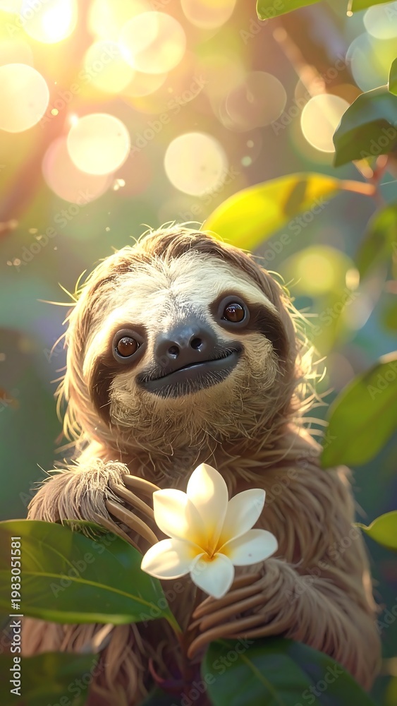 Fototapeta premium A sloth holding a white flower in a sunny forest