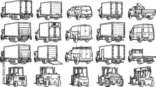 A detailed illustration showcasing a fleet of various transportation vehicles. Ideal for design, conveying a message of transport and logistics. 
